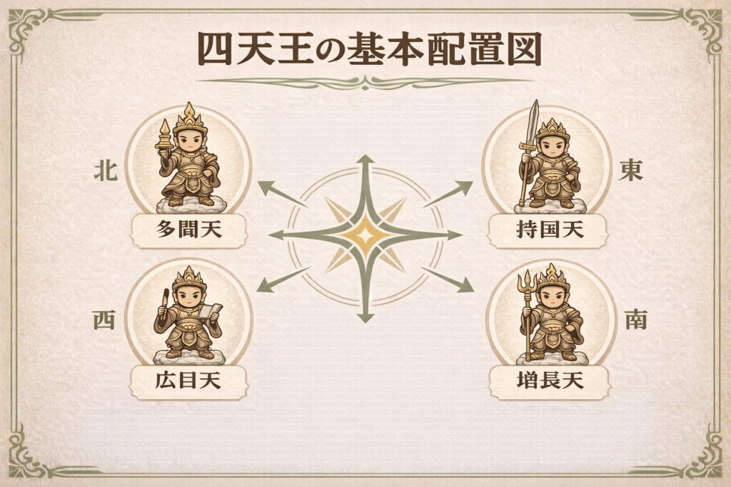 四天王の基本配置図（東：持国天、南：増長天、西：広目天、北：多聞天）